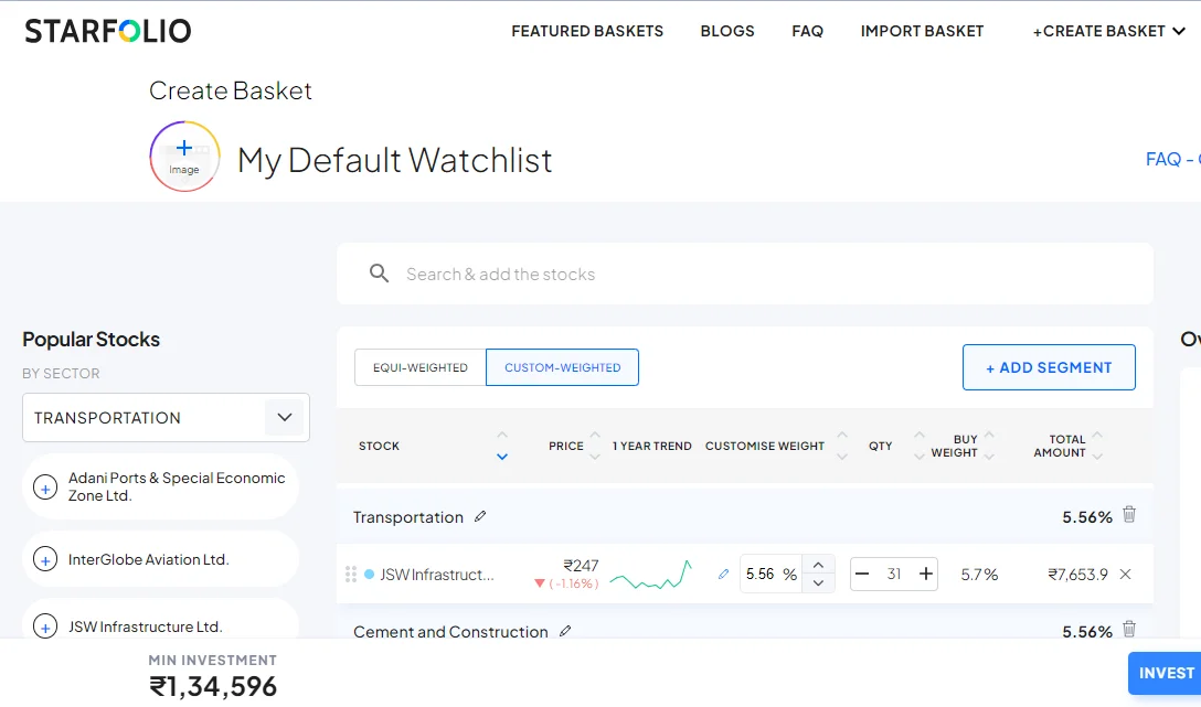 startfolio main screen with stock list